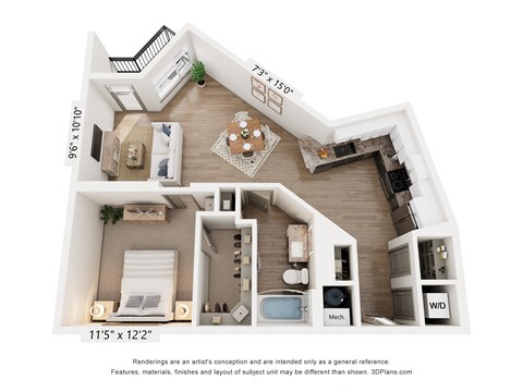 Floor plan for 1 bed, 1 bath, 847 sqft